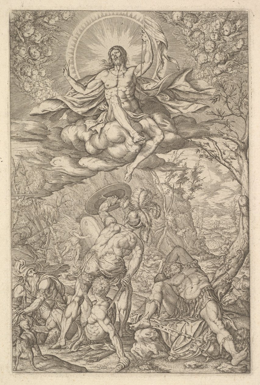Auferstehung Christi, umgeben von einer Aureole und Wolken mit Reihen von geflügelten Putti, 1577 von Melchior Meier