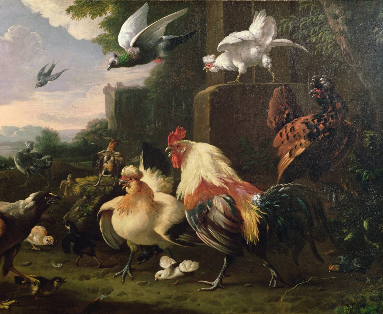 Ein Hahn und anderes Geflügel in einer Landschaft von Melchior de Hondecoeter