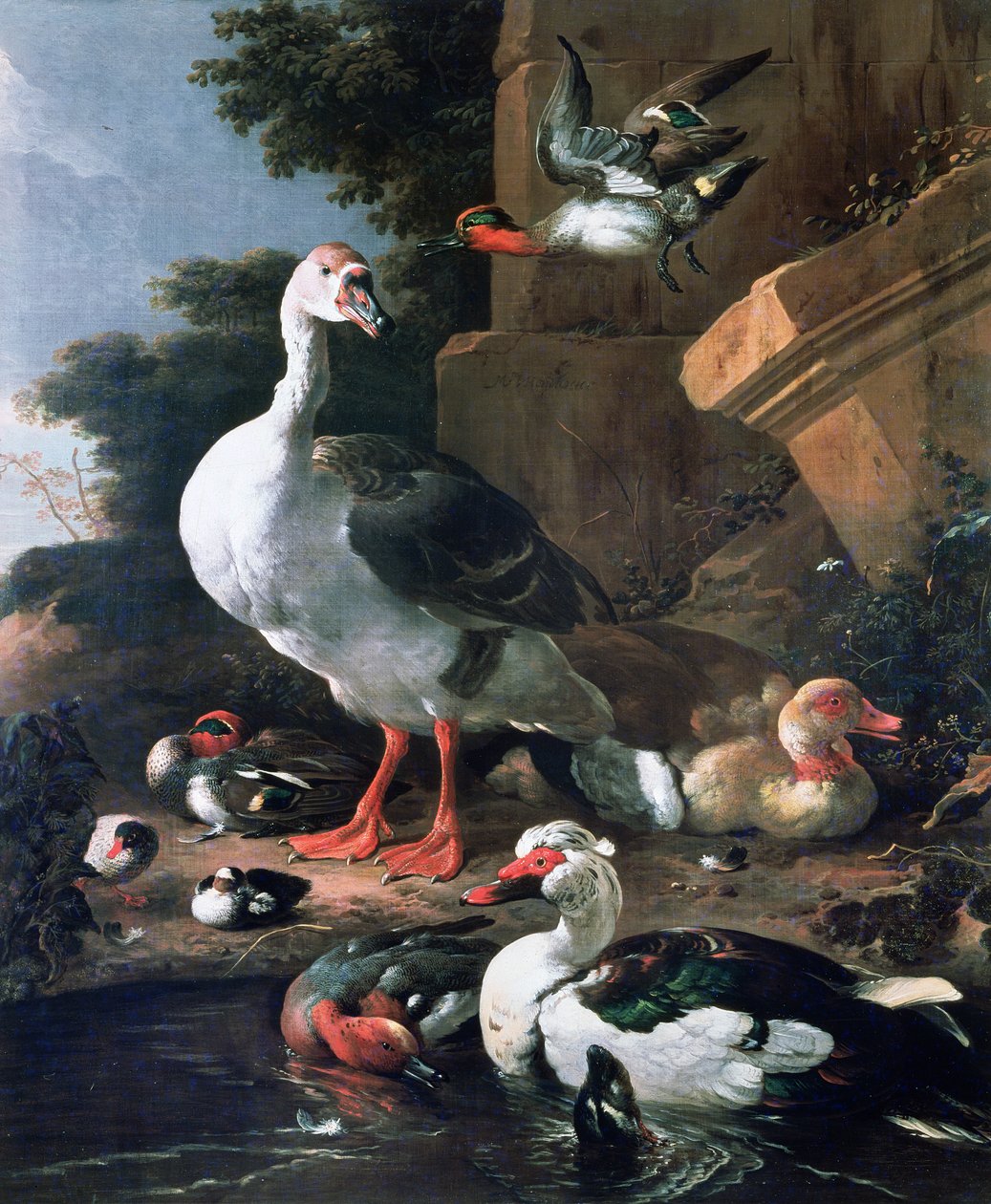 Wasservögel in einer klassischen Landschaft, 17. Jahrhundert von Melchior de Hondecoeter