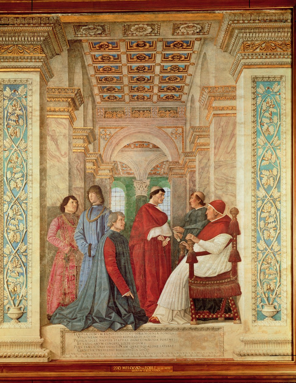Papst Sixtus IV. installiert Bartolommeo Platina als Direktor der Vatikanischen Bibliothek, ca. 1477 von Melozzo da Forli