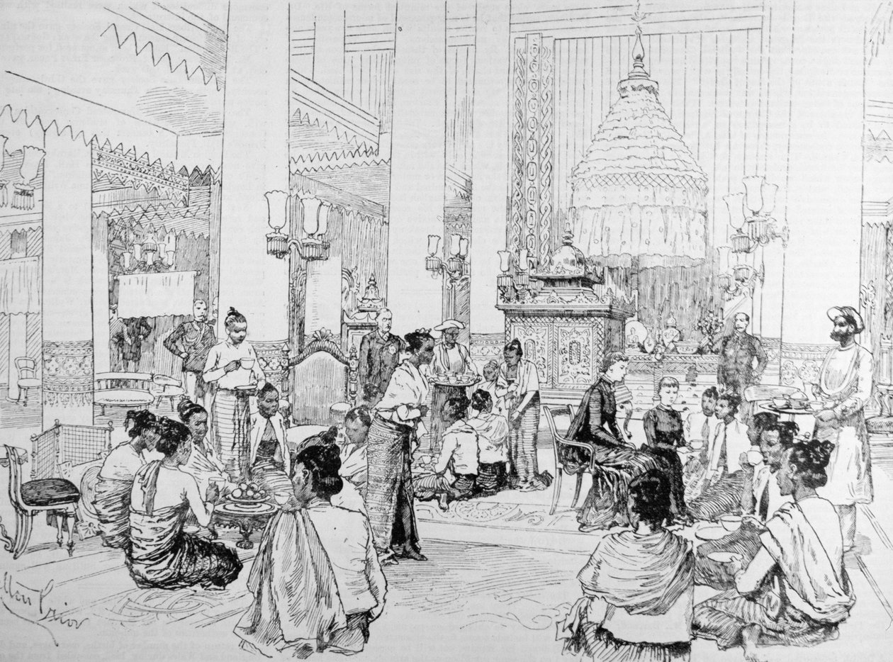 Der Vizekönig von Indien in Burma: Burmesische Damen trinken Tee mit Lady Dufferin im Palast von Mandalay, aus 