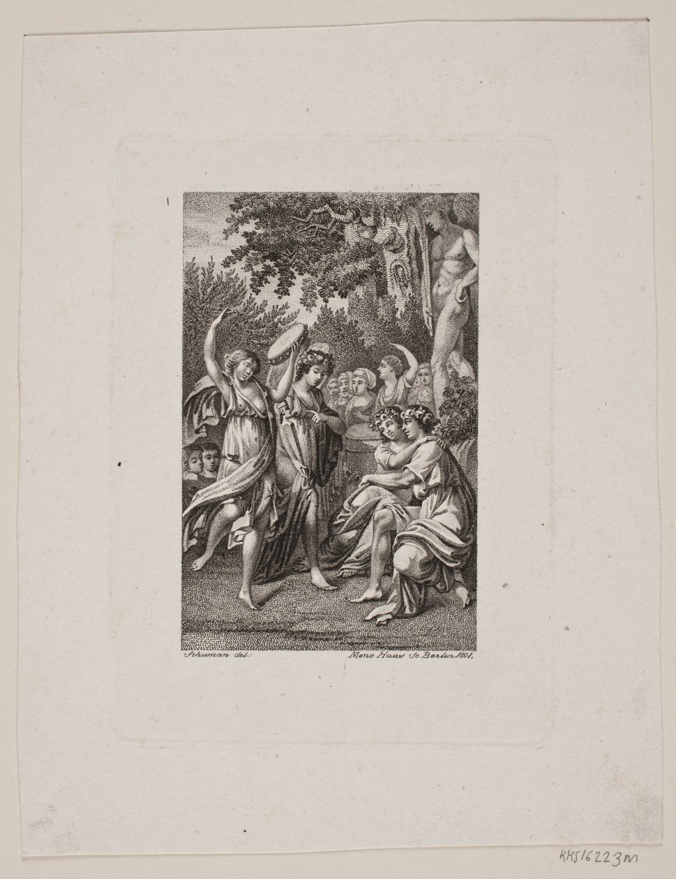 Illustration mit antik gekleideten feiernden Menschen in einem Garten von Meno Haas