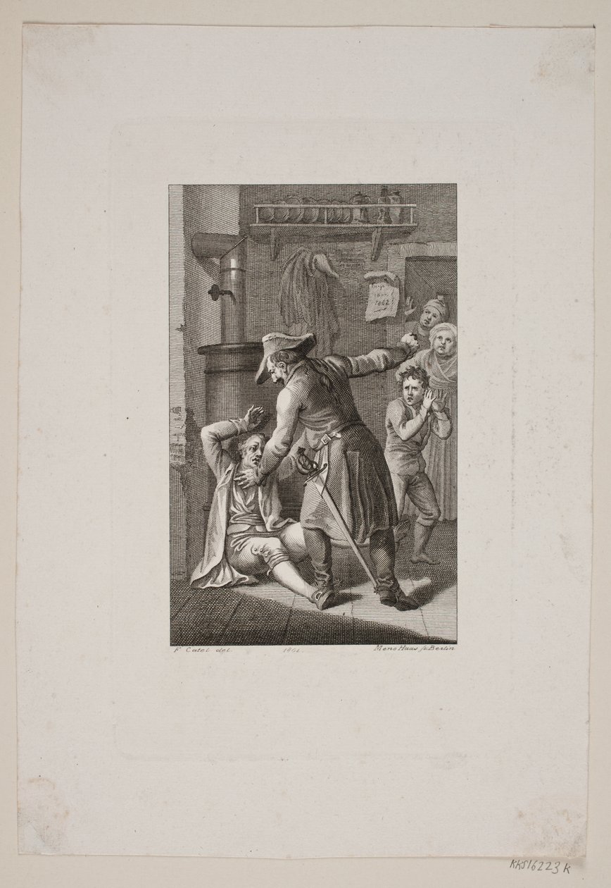 Illustration mit uniformierter Person im Kampf mit einem liegenden Mann von Meno Haas
