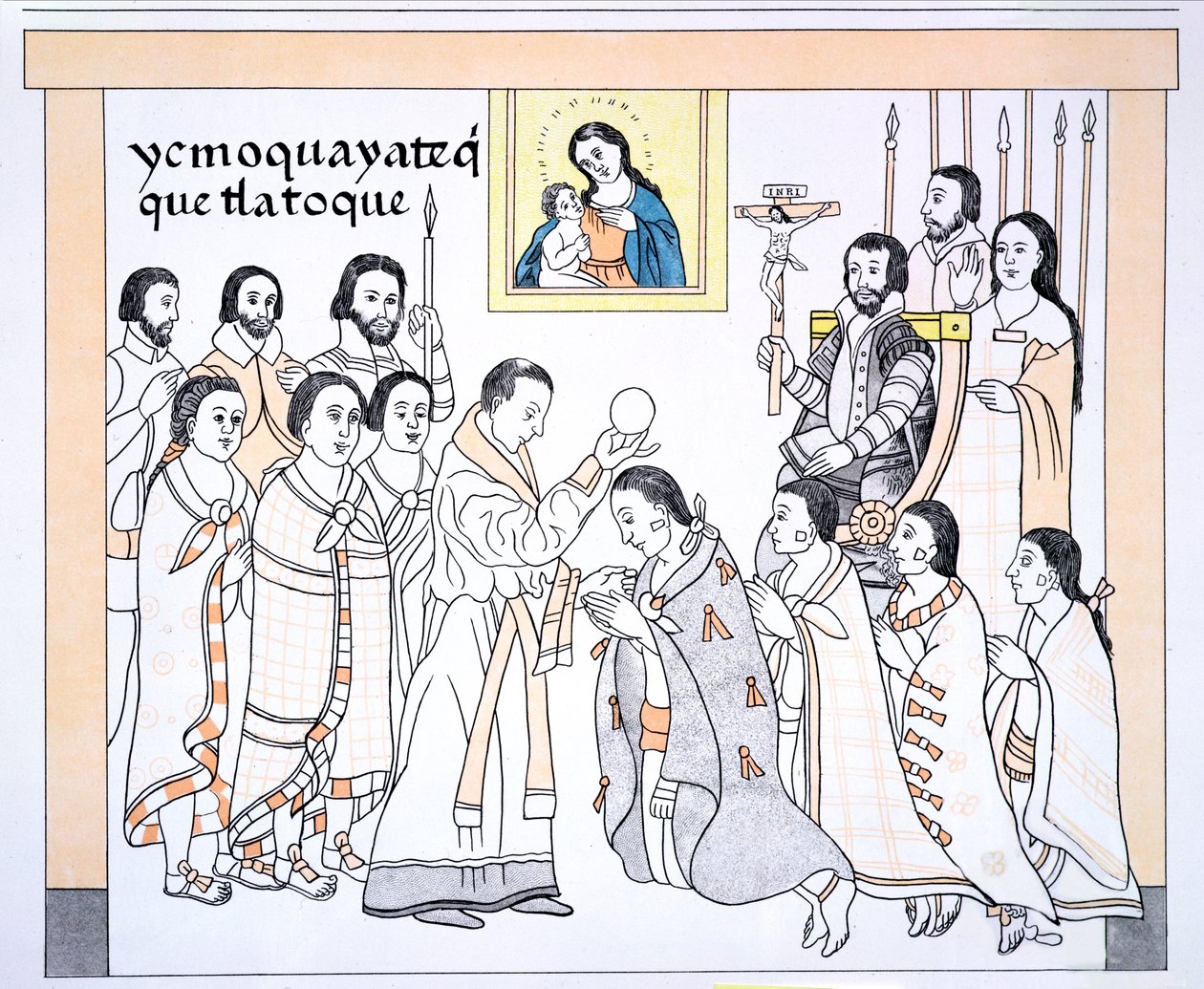 Kaziken empfangen die Kommunion von einem Priester im Haus von Hernando Cortes (1485-1547), Illustration aus einer Faksimile einer mexikanischen indianischen Bildgeschichte Lienzo de Tlaxcala von ca. 1550, 1892 von Mexican School