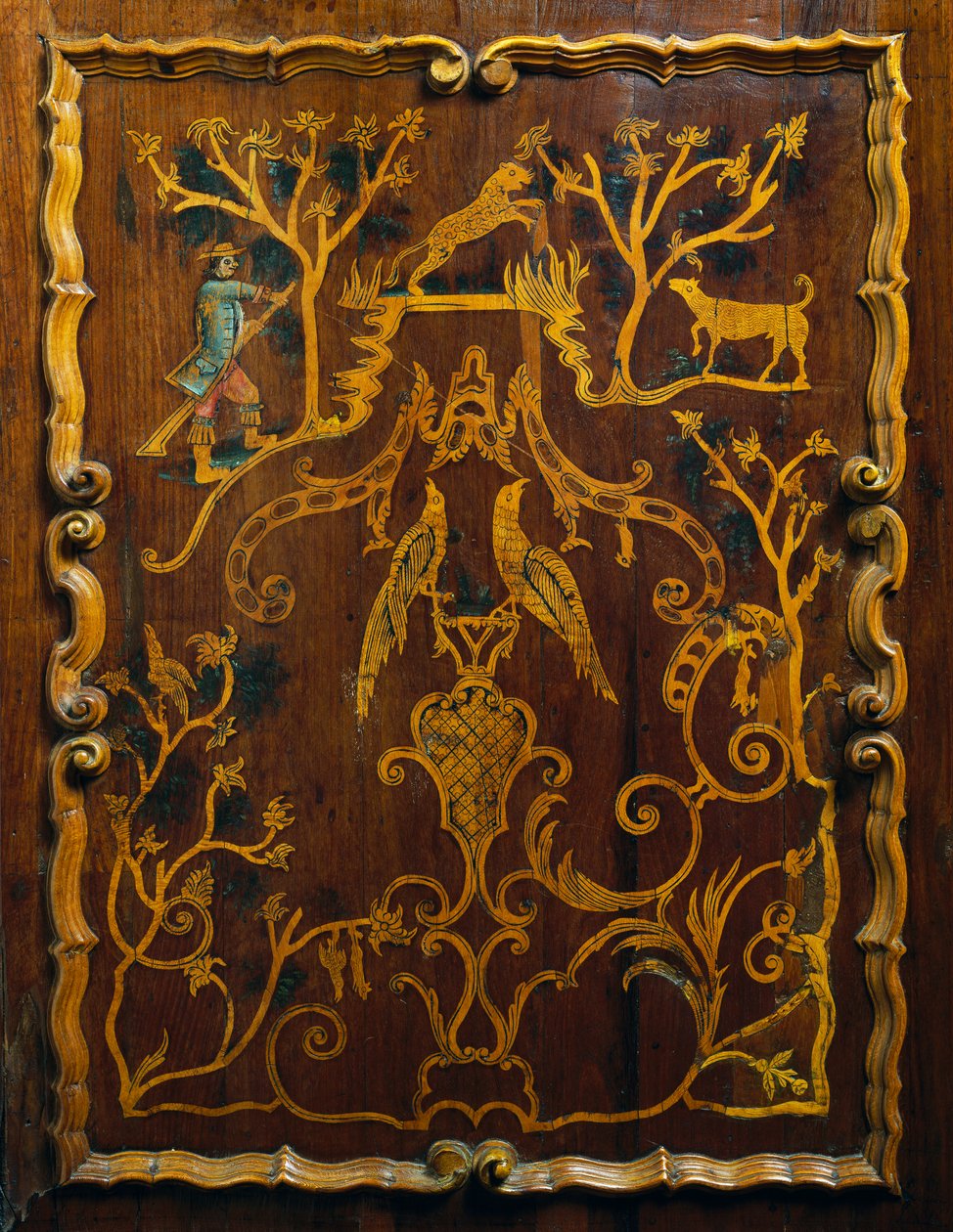 Rokoko-Stil Holzleinen-Schrank mit polychromen Einlagen und Sockel, Kolonialzeit von Mexican School