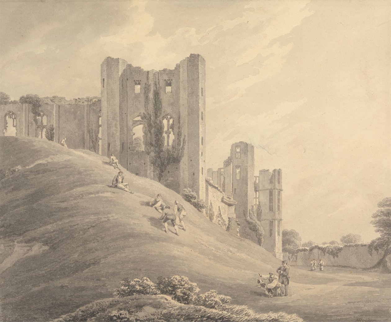 Kenilworth Castle, mit Figuren auf dem Hügel von Michael Angelo Rooker