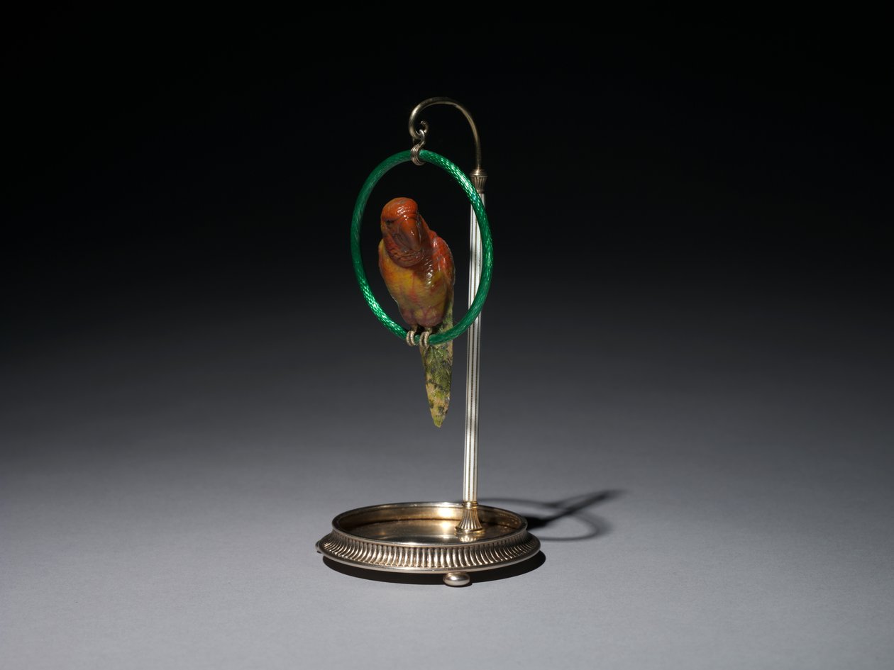 Papagei auf einer Stange (Papagei), Firma Peter Carl Fabergé (1846-1920) von Michael Evlampievich Perkhin
