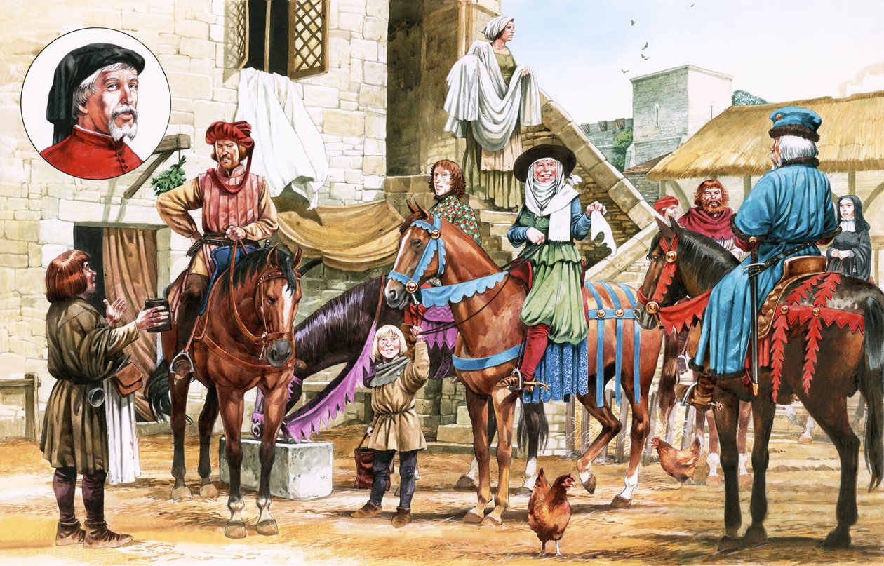 Canterbury Tales. Pilger brechen vom Tabard Inn auf. von Michael Godfrey