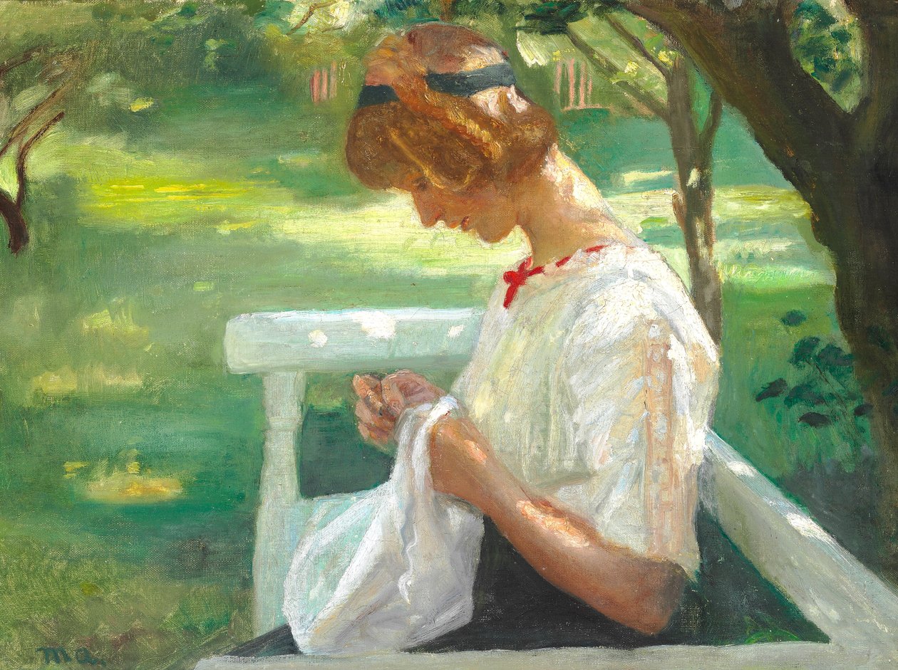 Ella Saxild näht im Garten an einem Sommertag von Michael Peter Ancher