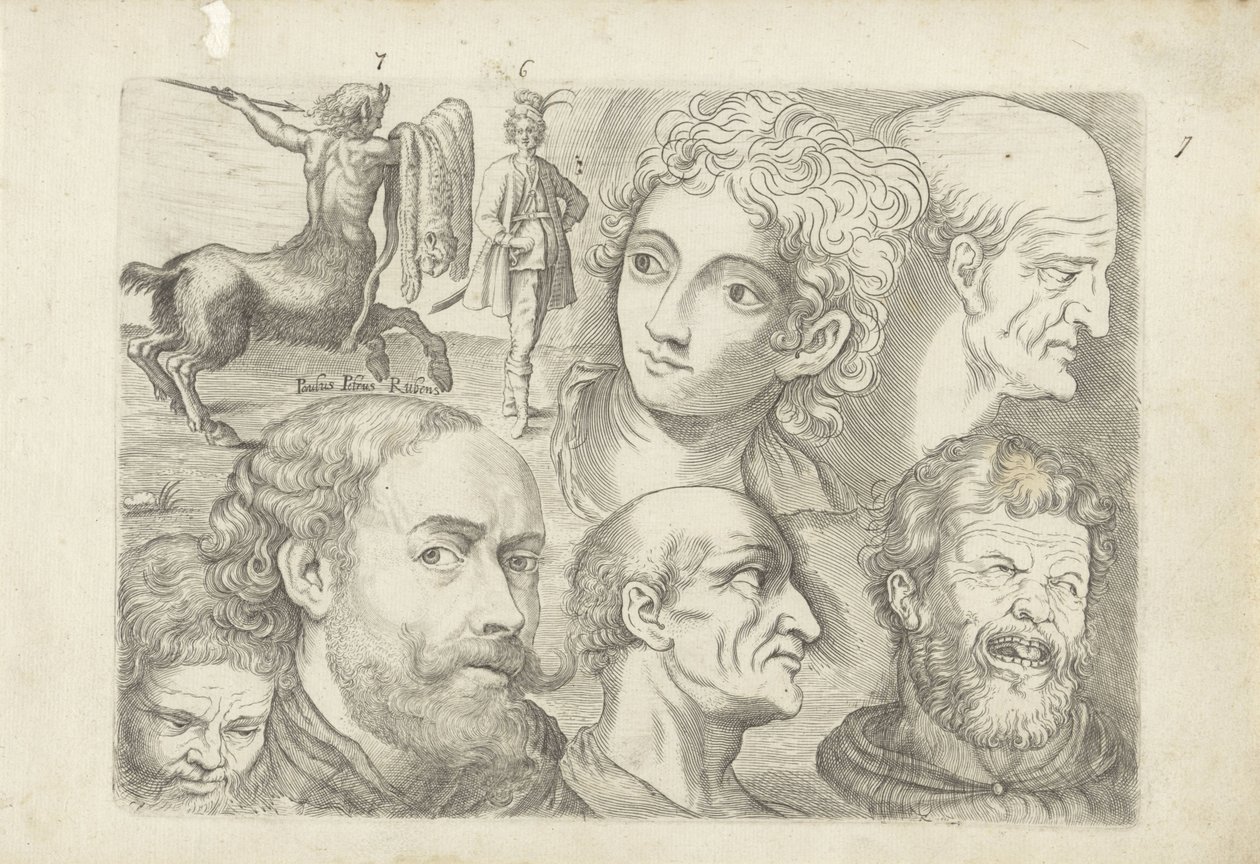 Studienblatt mit Zeichenbeispielen: Zentaur, stehende Figur und Köpfe von Michael Snijders