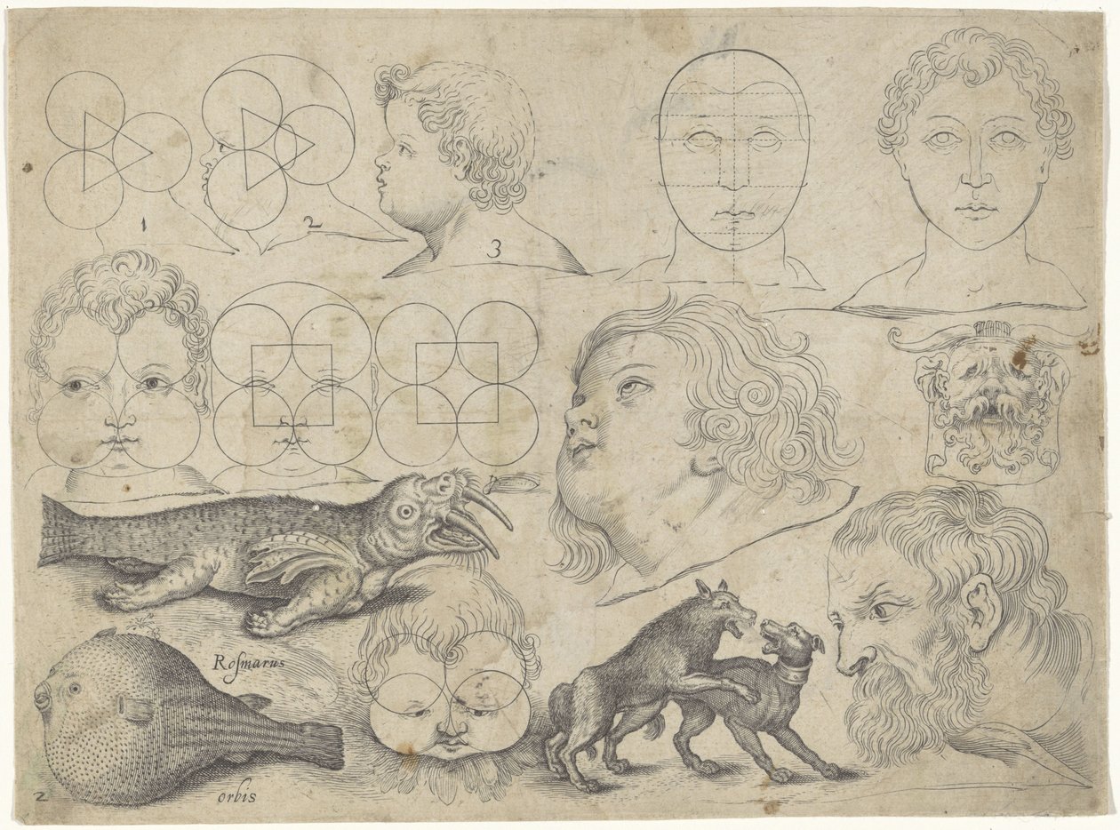 Studienblatt mit Zeichenbeispielen: Figuren, Tiere von Michael Snijders