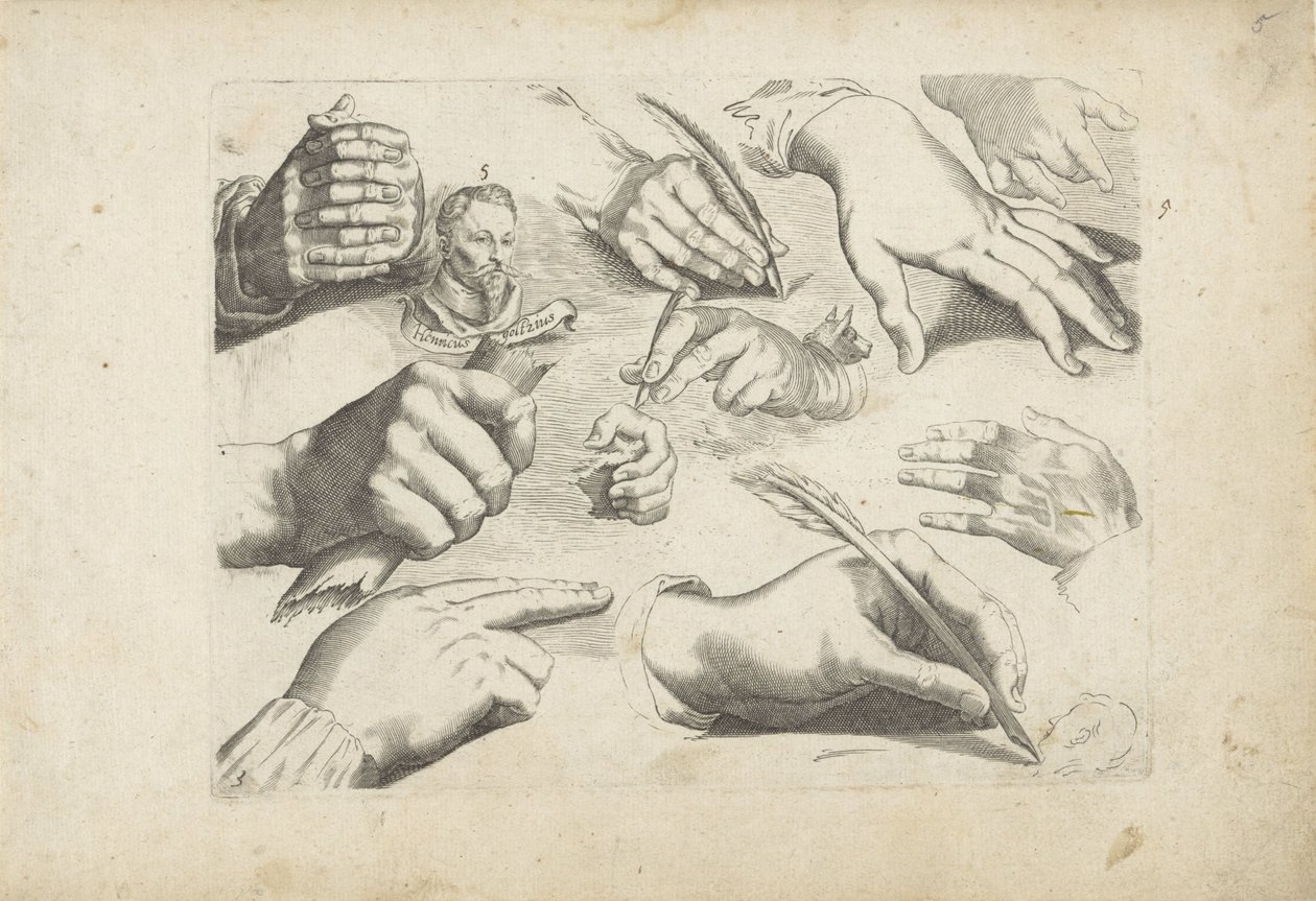 Studienblatt mit Zeichenbeispielen: Hände und Porträt von Hendrick Goltzius von Michael Snijders