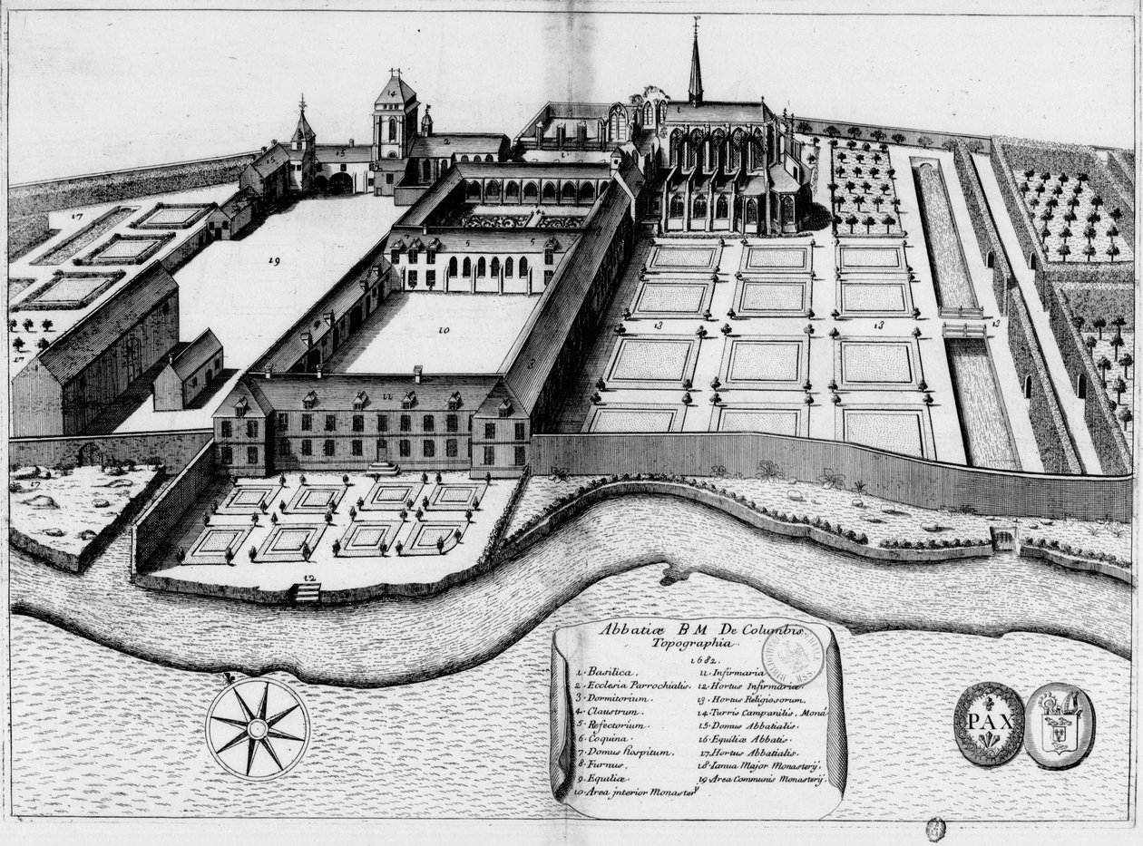 Gravierte Tafel aus dem 17. Jahrhundert, die die Abtei Notre-Dame de Coulombs darstellt, im Buch Monasticon Gallicanum von Michel Germain