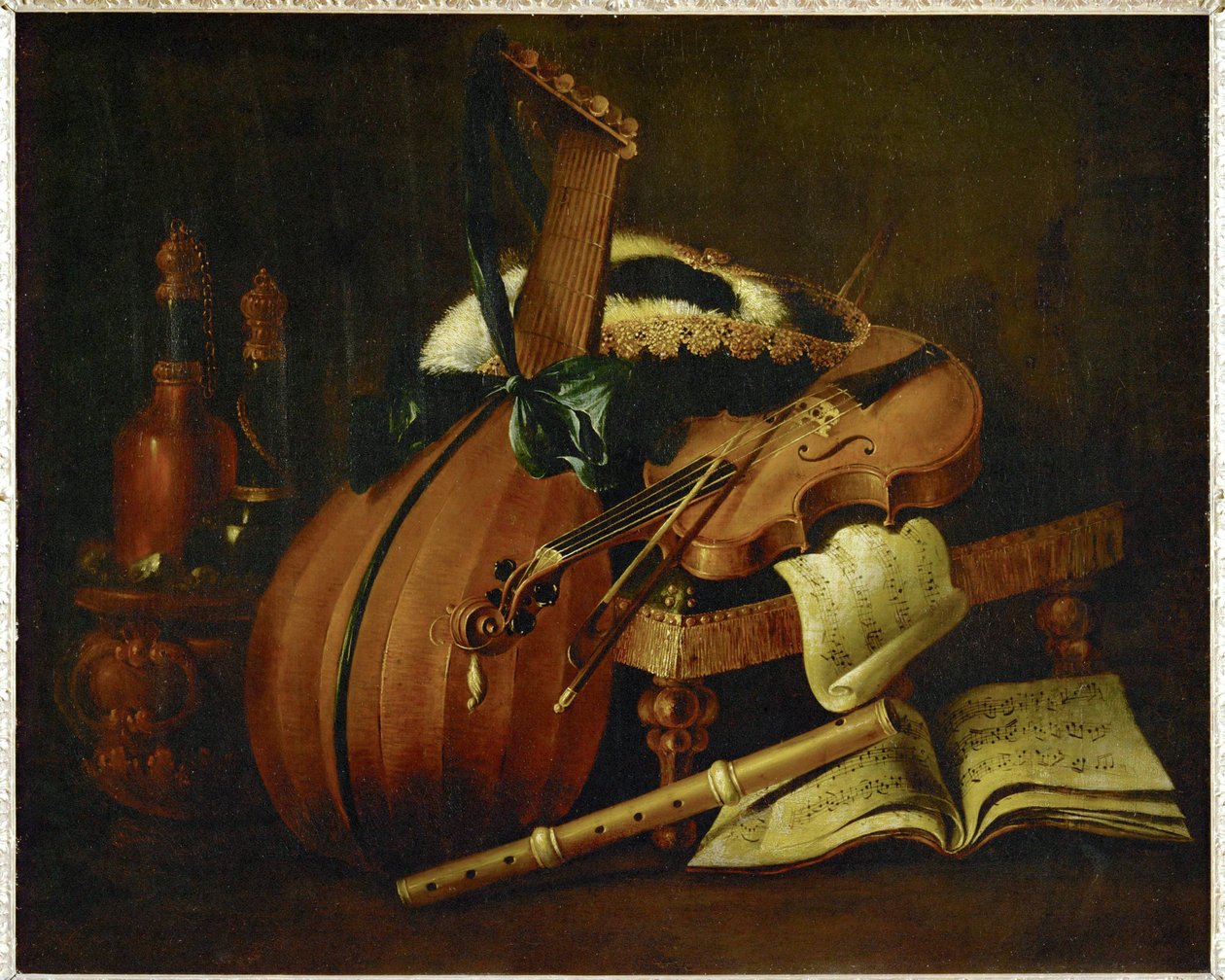 Laute, Violine, Flöte, Notenblatt und dreieckiger Hut von Michel Boyer