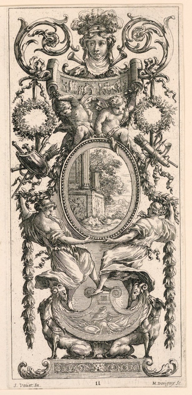 Ornamenttafel mit einem Kopf, flankiert von Laubwerk, Platte 11 aus dem Livre de Diverses Grotesques peintes dans le Cabinet et Bains de la Reyne Regente, au Palais Royale von Michel Dorigny