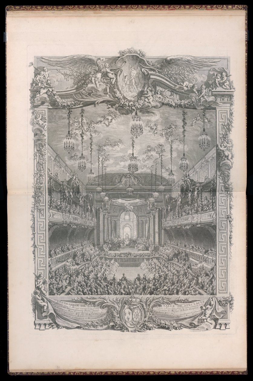 Dekoration des Theatersaals, gebaut im überdachten Reitplatz des großen Marstalls in Versailles, für die Aufführung der Prinzessin von Navarra Komödie Ballett, gegeben anlässlich der Hochzeit von Louis Dauphin von Frankreich mit Marie Thérèse Infantin von  von Michel de Bonneval