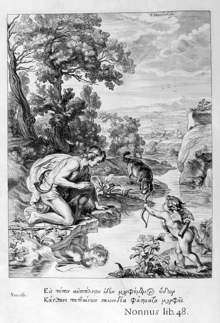 Narziss verliebt in sein eigenes Spiegelbild, 1655 von Michel de Marolles