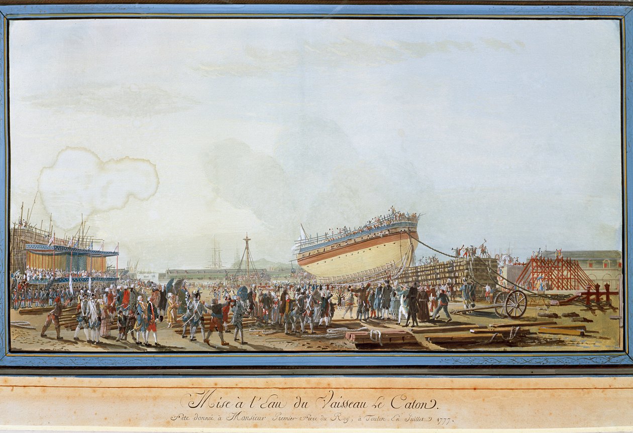 Der Stapellauf des Schiffes Le Caton im Hafen von Toulon in Anwesenheit des Grafen der Provence im Juli 1777 (Gouache) von Michel de Toulon