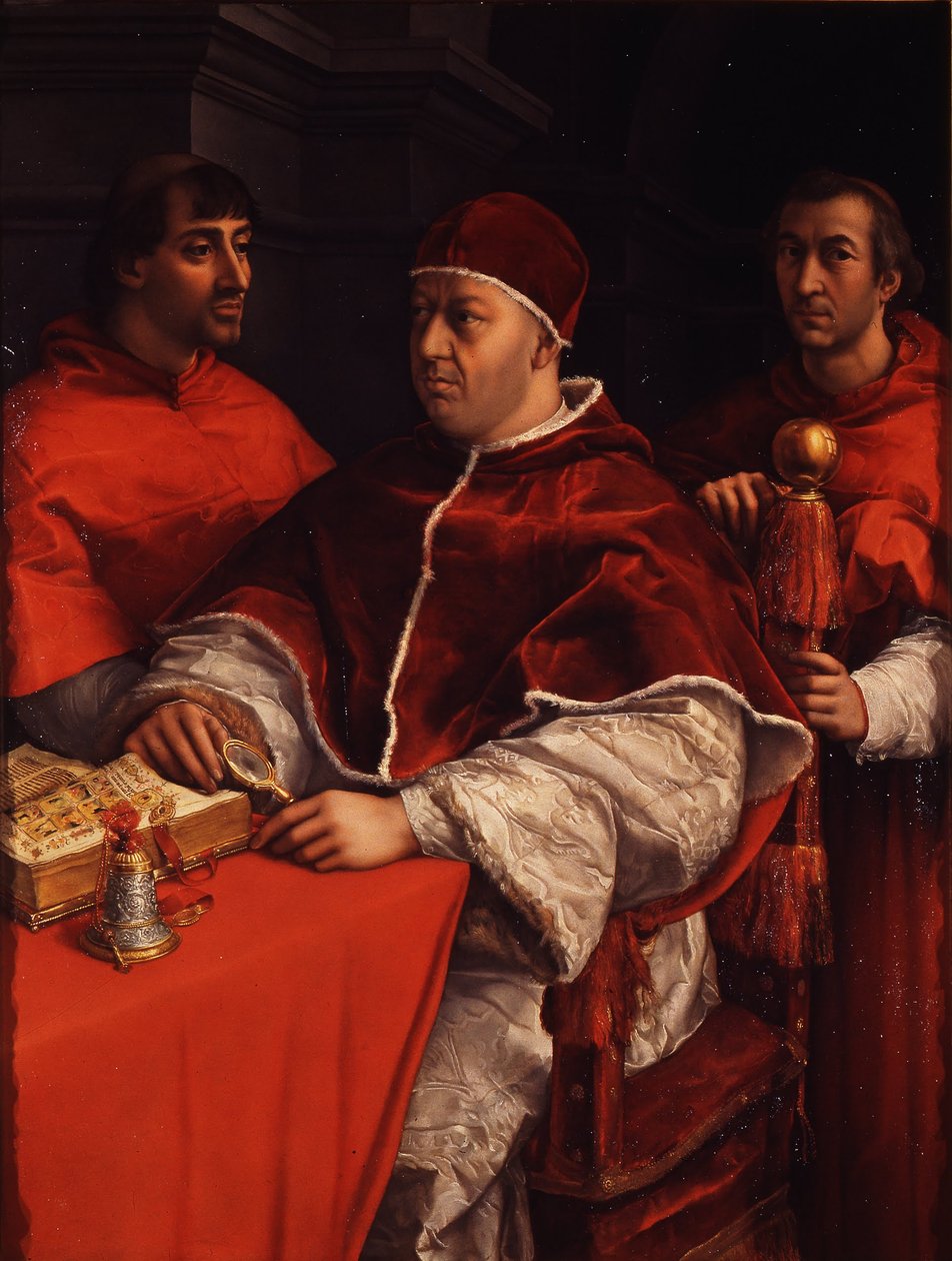 Porträt von Leo X mit den Kardinälen Giulio de Medici und Luigi de Rossi von Michelangelo Buonarroti