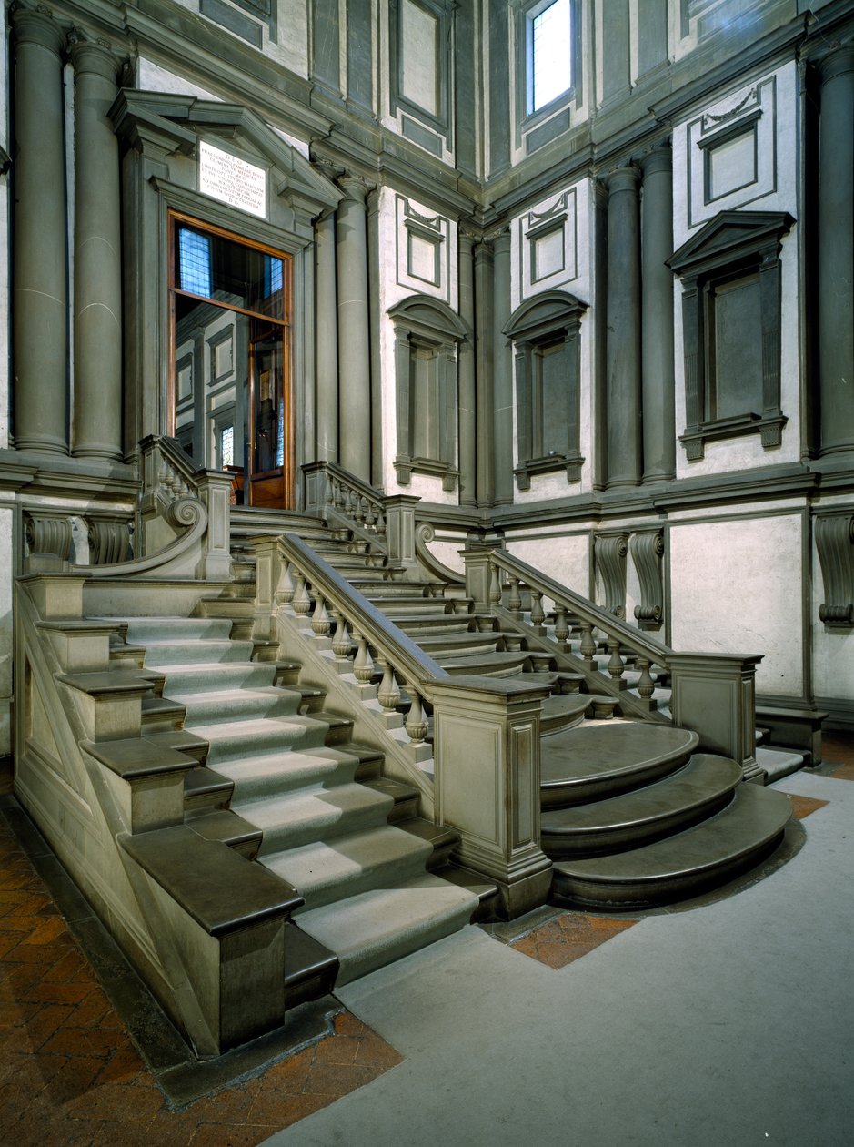 Treppe in der Eingangshalle der Laurentianischen Bibliothek, vollendet von Bartolomeo Ammannati, 1559 von Michelangelo Buonarroti