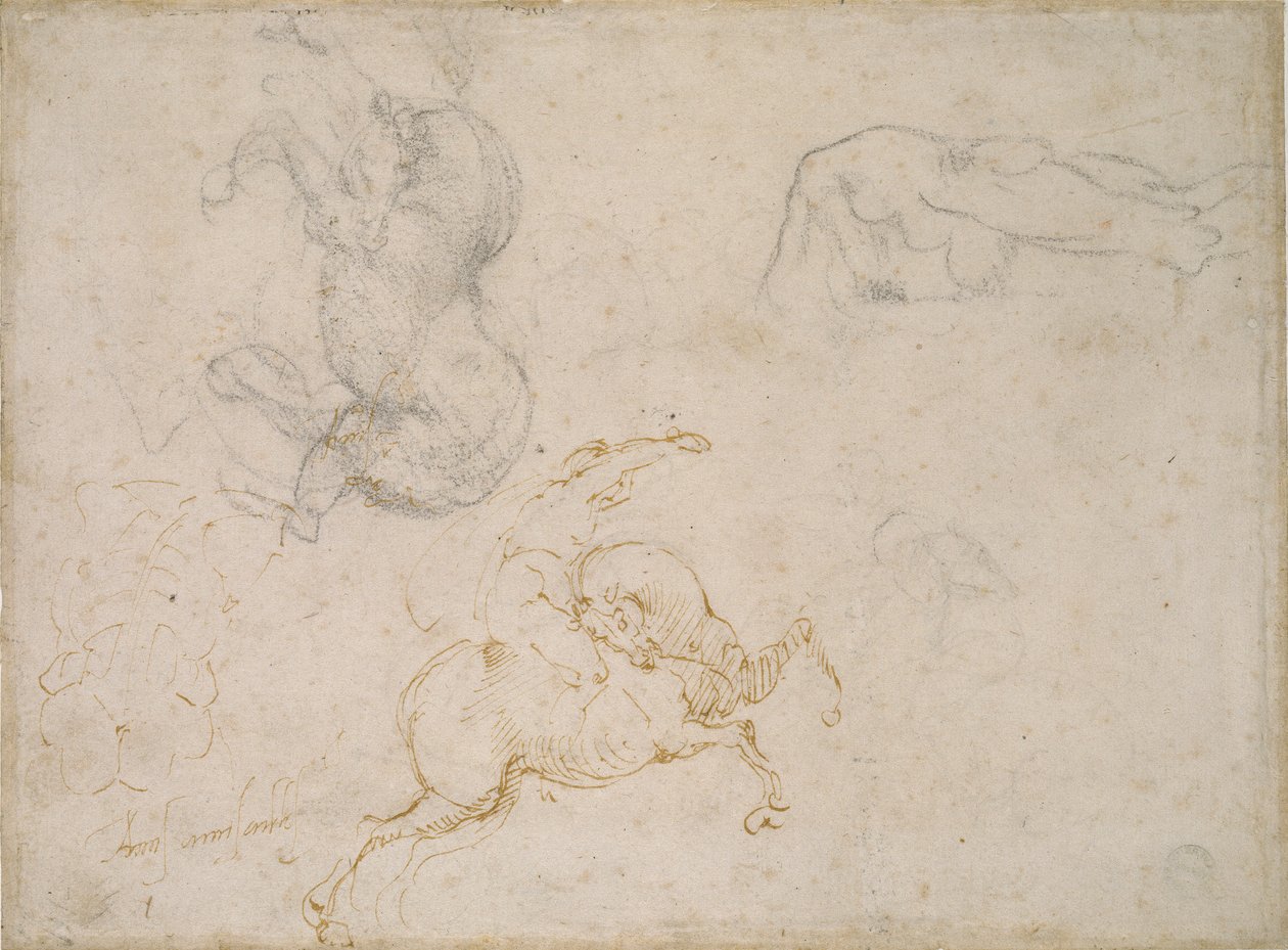 Ein Reiter im Angriff und andere Studien, 16. Jahrhundert von Michelangelo Buonarroti