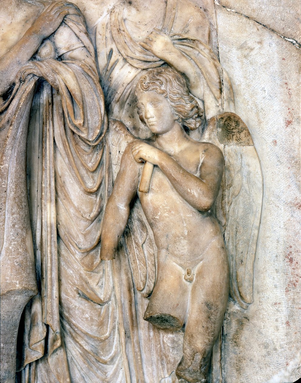 Engel, venezianischer Marmor, frühes 16. Jahrhundert. Beerdigungszeremonie, Detail, Louvre Museum. Skulptur von Michelangelo Buonarroti genannt Michelangelo (Michelangelo oder Michelangelo) von Michelangelo Buonarroti