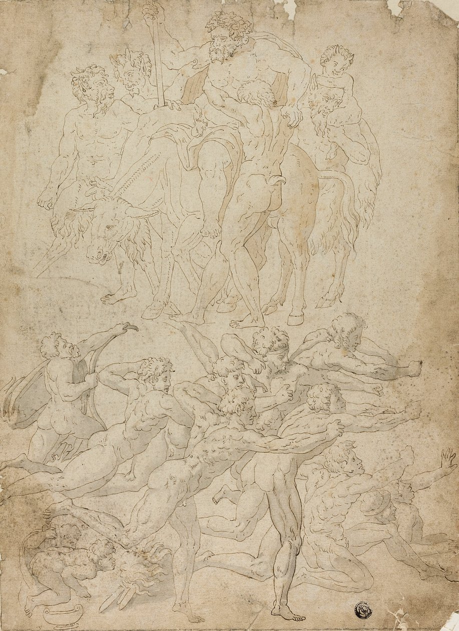 Bogenschützen, die auf einen Hermen schießen, Triumph des Bacchus und andere Studien von Michelangelo Buonarroti