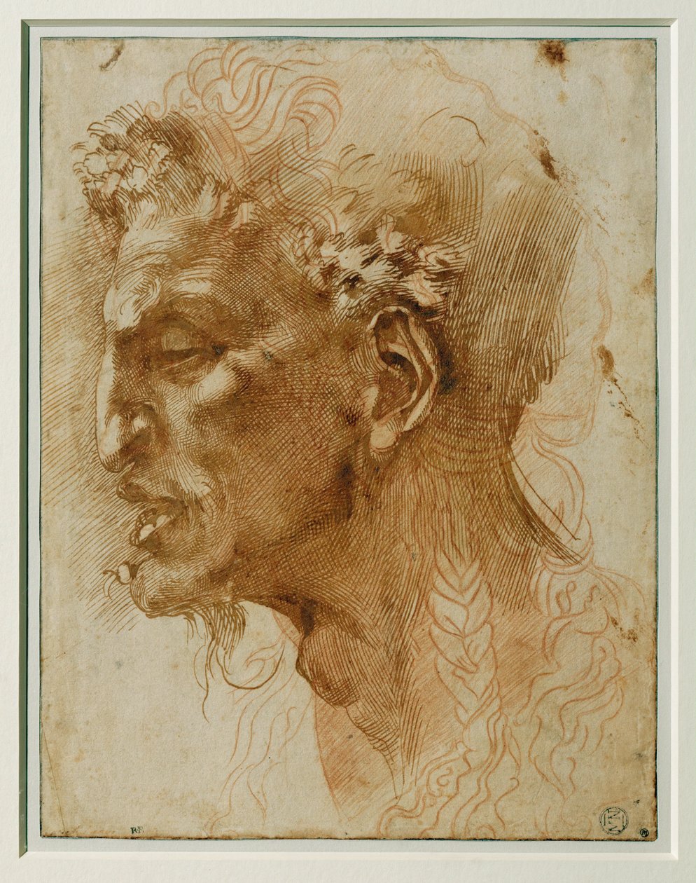 Kopf eines Fauns, die zugrunde liegende Zeichnung wurde von Antonio Mini gemacht, überarbeitet mit Feder und Tinte von Michelangelo von Michelangelo Buonarroti