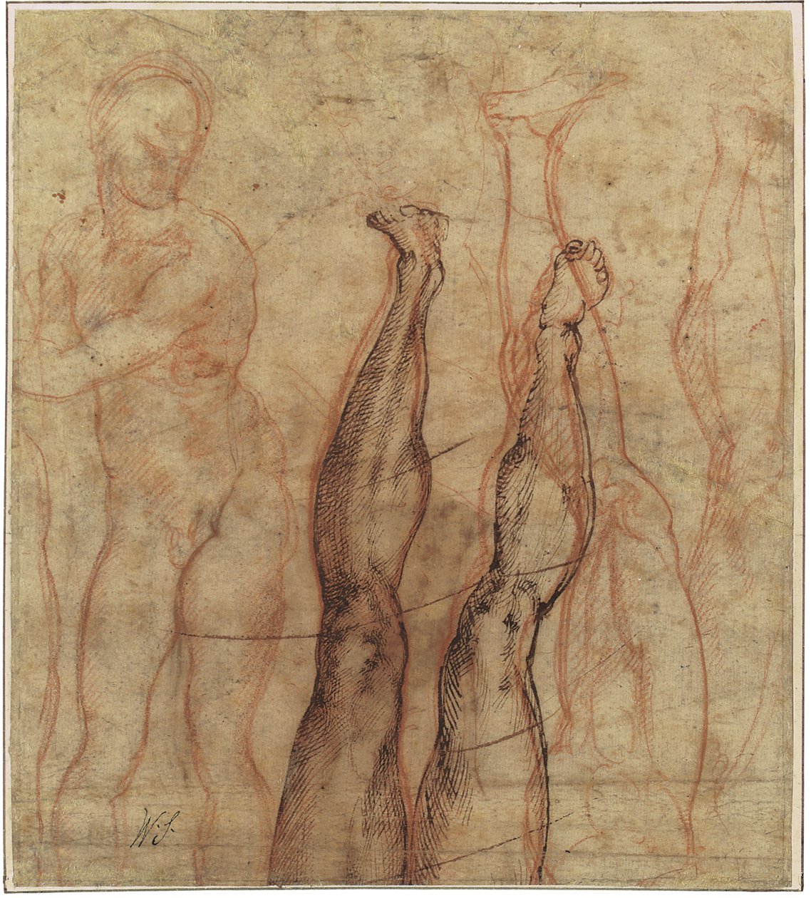 Der auferstandene Christus, dreiviertel Länge nackt über Studien eines Beins und eines Fußes gezeichnet von Michelangelo Buonarroti