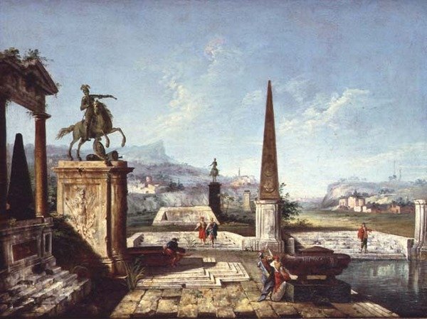 Ein Capriccio klassischer Denkmäler, ein Obelisk mit Soldaten an einem Teich und Berge dahinter (Öl auf Leinwand) von Michele Marieschi