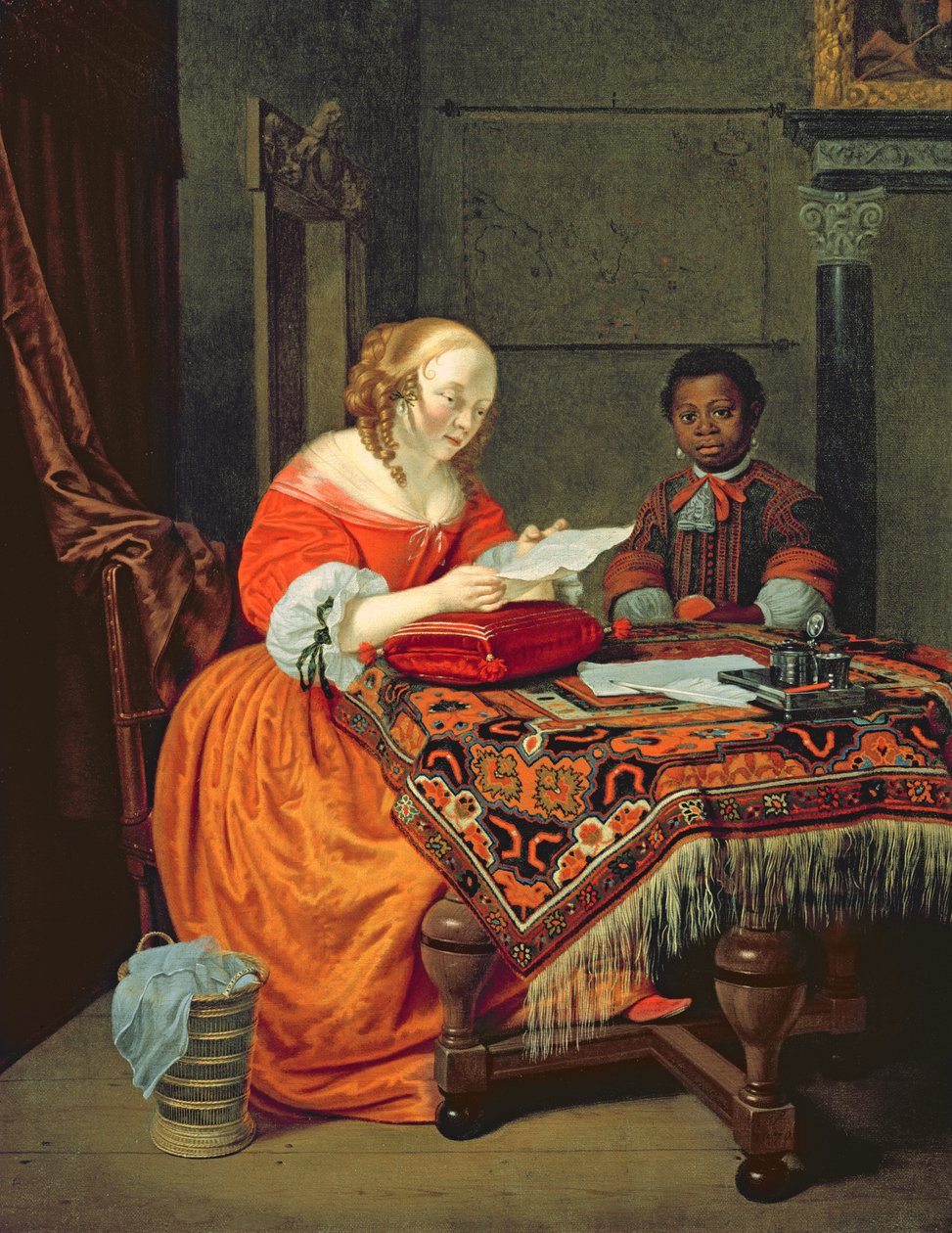Eine Frau liest einen Brief mit einem schwarzen Diener, 1670 von Michiel van Musscher