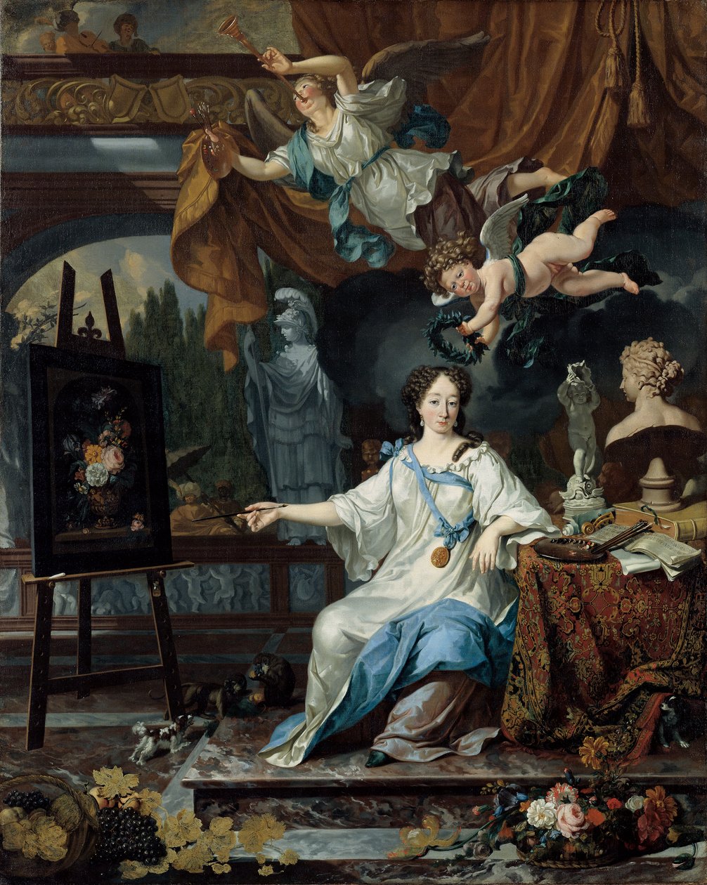 Allegorisches Porträt einer Künstlerin in ihrem Atelier, ca. 1675-1685 von Michiel van Musscher