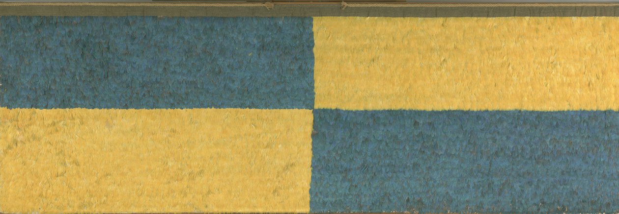 Tafel mit Rechtecken aus blauem und gelbem Federwerk, ca. 650-850 n. Chr. (Federn (blauer und goldener Ara), Baumwollstoff und Kamelidenfaserstoff) von Middle Horizon Epoch 2A