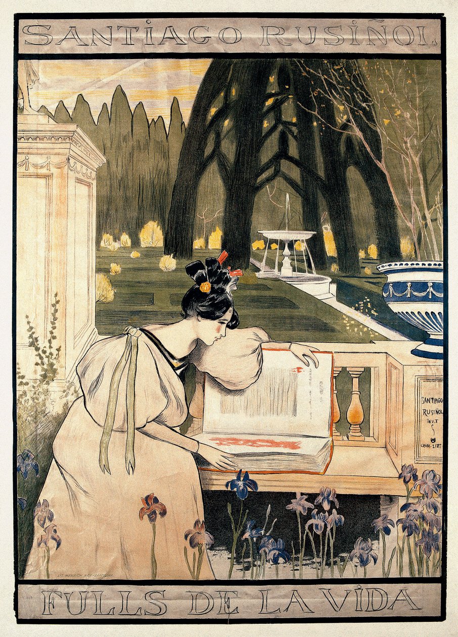 Posterpräsentation von "Die Seiten des Lebens", Serie von Lithografien, die Gedichte in Prosa von Santiago Rusinol y (i) Prats (1861-1931) illustrieren von Miguel Utrillo