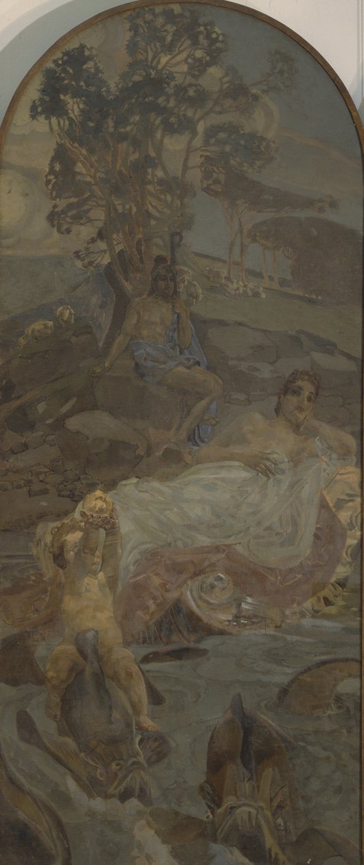 Venus, Amor und Paris, mittleres Panel des Paris-Urteils-Triptychons von Mikhail Aleksandrovich Vrubel