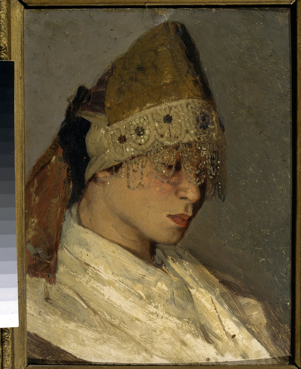 Ein Mädchen mit Kokoshnik. Traditionelle hohe Kopfbedeckung russischer Frauen, hinten mit Bändern verbunden, vorne mit Perlen und Stickereien verziert. Gemälde von Mikhail Vasilyevich Nesterov (1862-1942), Öl auf Holz von Mikhail Vasilievich Nesterov