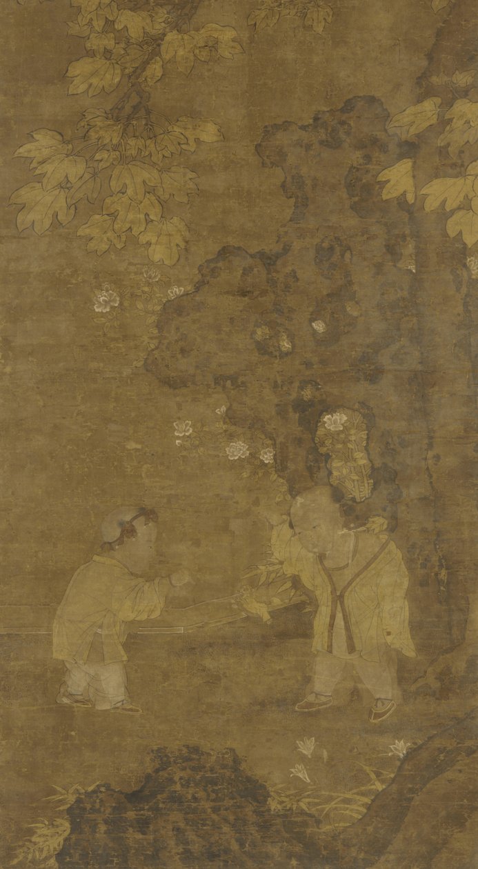 Zwei Jungen spielen mit einer Löwenpuppe, 15.-16. Jahrhundert von Ming Dynasty Chinese School