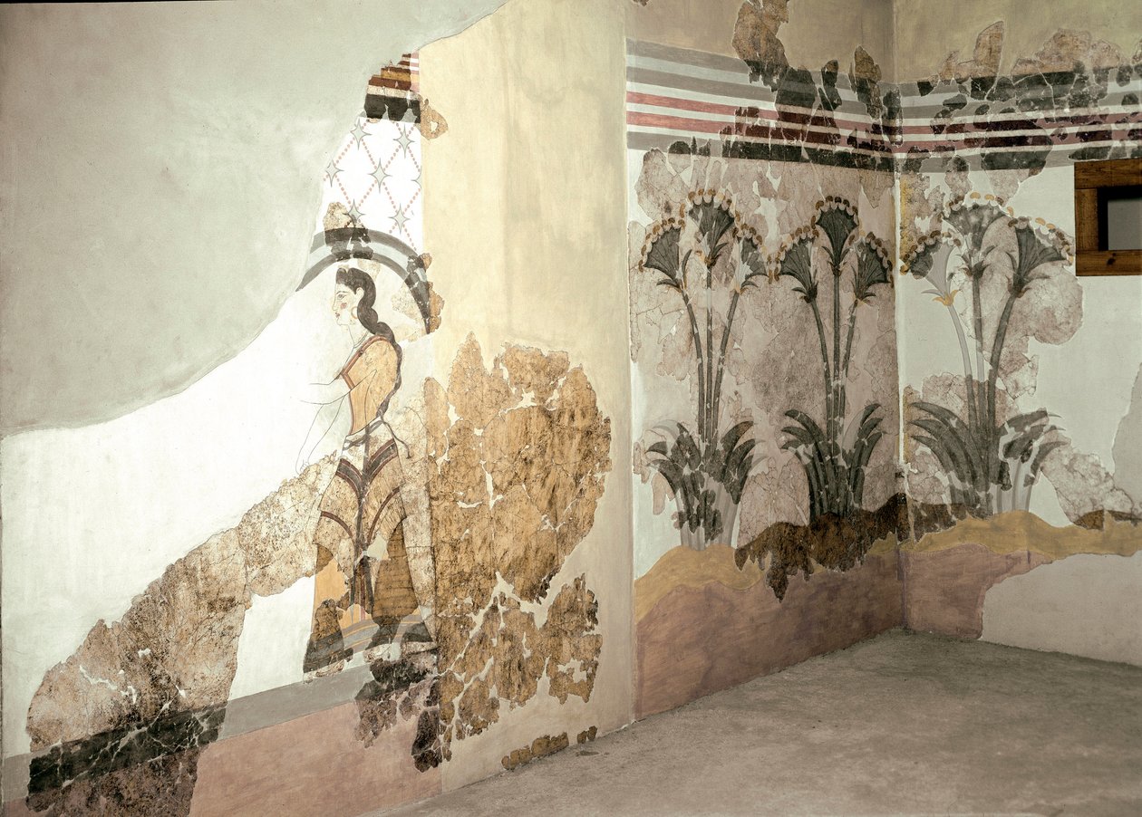 Minoische Kunst: Die Frau mit Lilien. Fresko aus Akrotiri auf Santorini. 16. Jahrhundert v. Chr. Athen, Nationalmuseum von Minoan