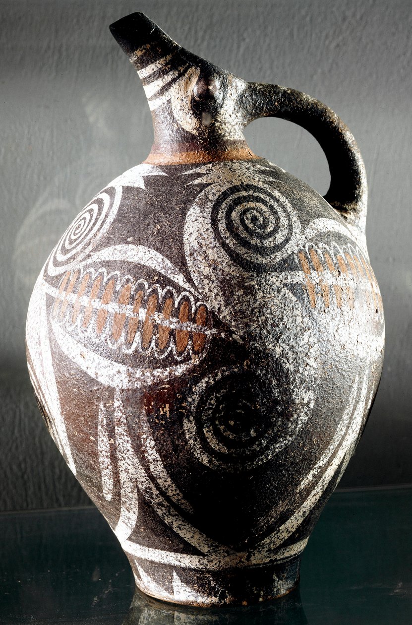 Minoische Kunst: Keramikkrug mit polychromen Zeichnungen. Aus Phaistos. Archäologisches Museum, Heraklion, Kreta von Minoan