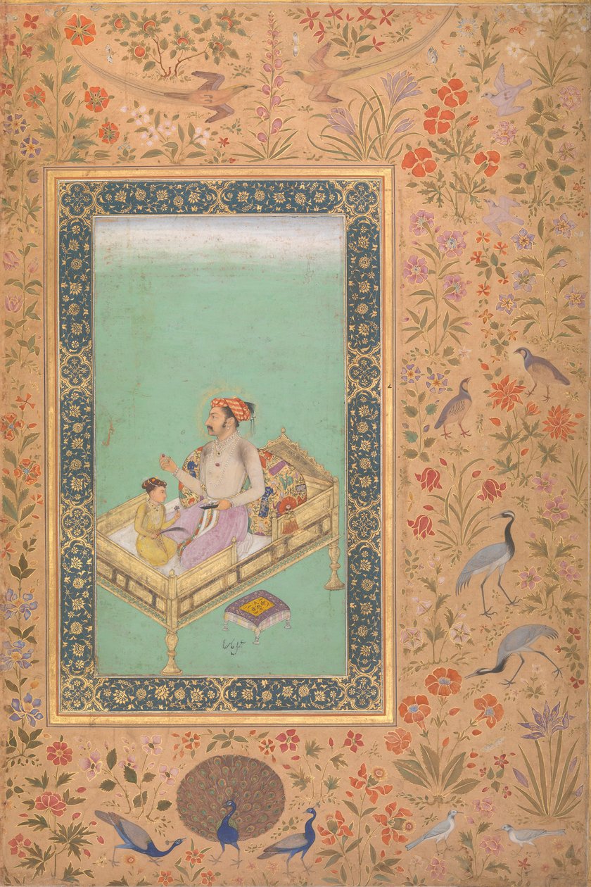 Der Kaiser Shah Jahan mit seinem Sohn Dara Shikoh, Folio aus dem Shah Jahan Album, verso: ca. 1620 von Mir 