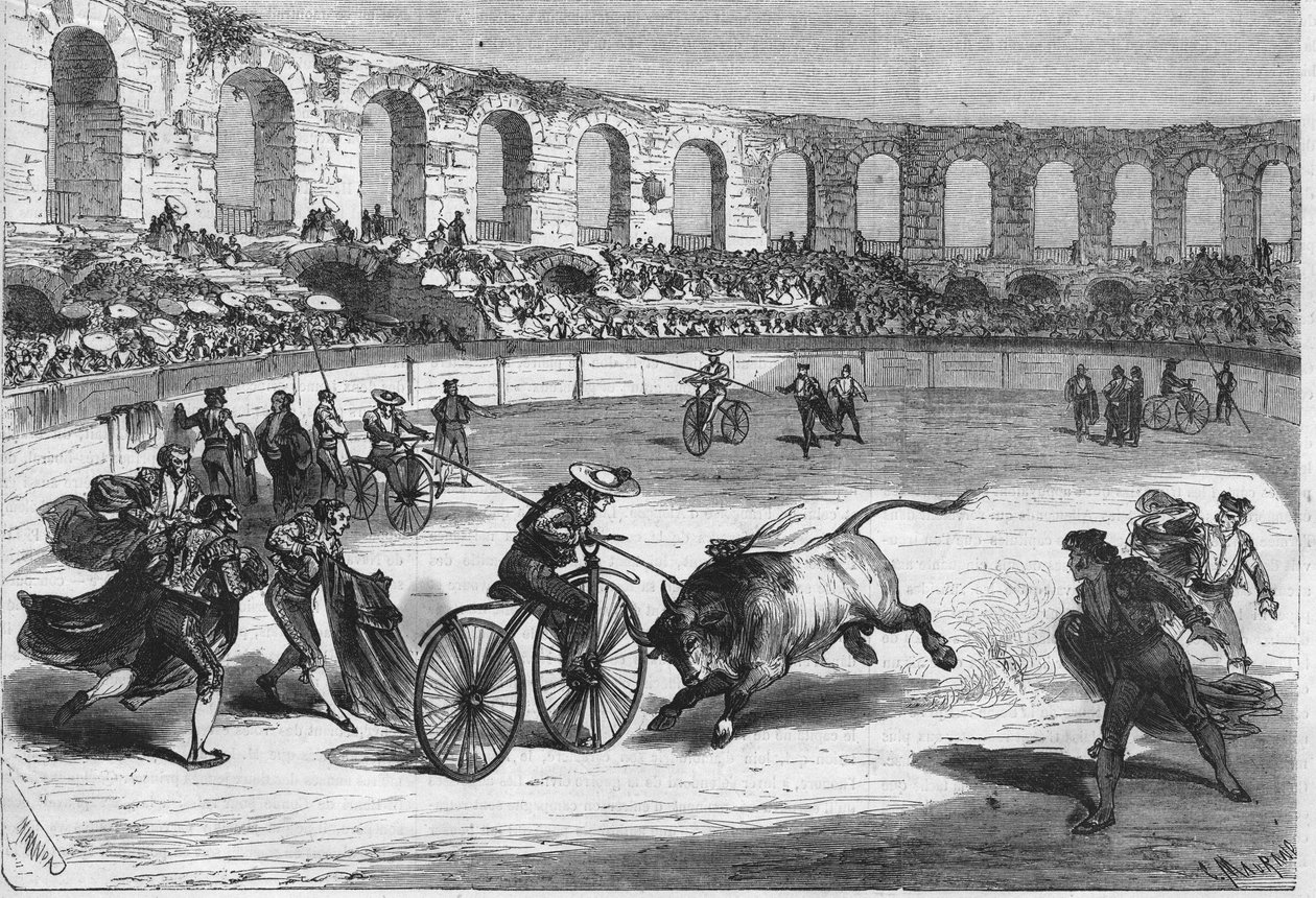 Stierrennen in der Arena von Nîmes im Jahr 1869. Die Toreros auf Velocipeden. Zeichnung von Herrn Miranda von Miranda Miranda