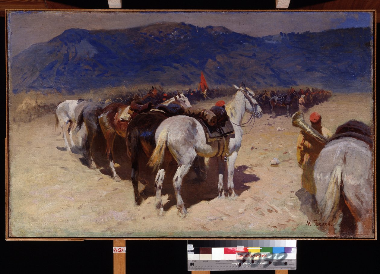 Die Rast der Kavallerie, das 29. Kavallerieregiment in Buchara von Mitrofan Borisovic Grekov