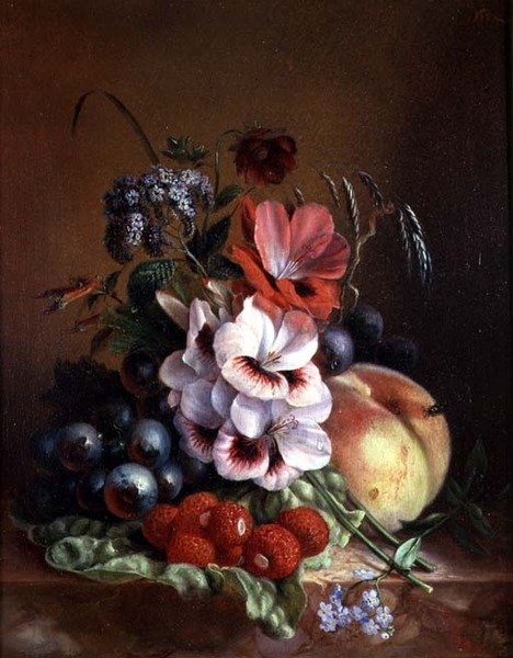 Stillleben mit Obst und Blumen von Mme. A. van Ravensway