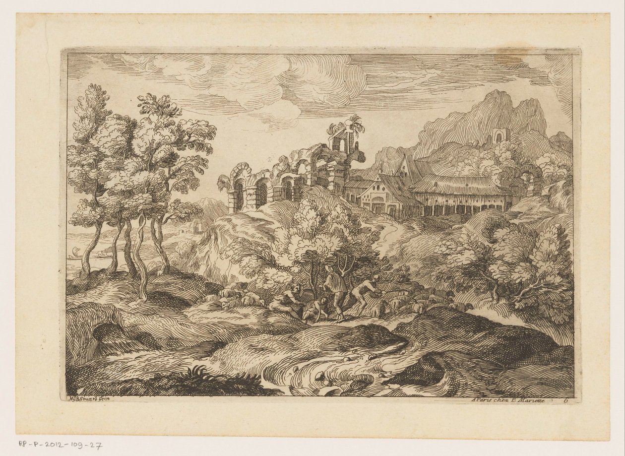 Landschaft mit Hirten und einer Herde bei einer Ruine von Moise Jean Baptiste Fouard