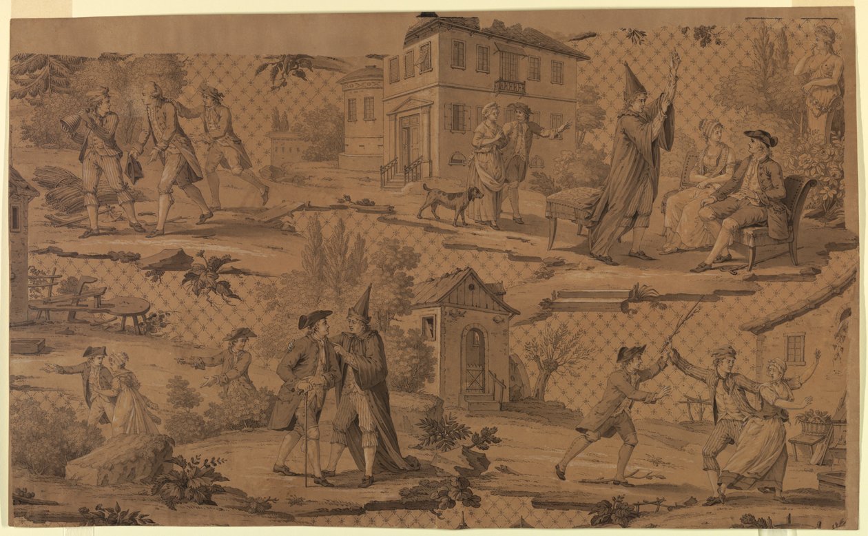 Cartoon für Baumwoll-Druck: Szenen aus Molières "Der Arzt wider Willen" von Molière