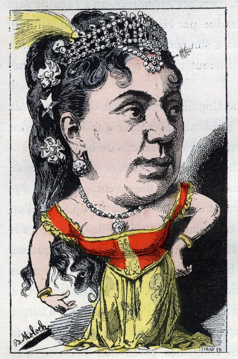 Porträt von Emma Valladon genannt Theresa (1837 -1913) Sängerin des französischen Kabaretts in „Le Trombinoscope“ von Touchatout, Karikatur von B. Moloch von 1882 (1849-1909). Private Sammlung. von Moloch