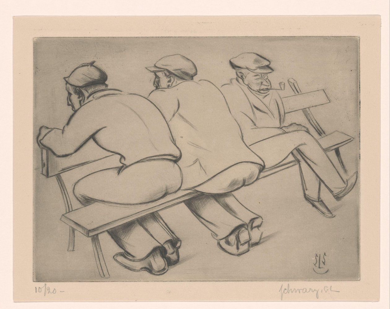 Drei Männer auf einer Bank von Mommie Schwarz (signed by artist)