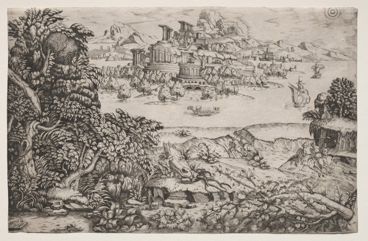 Landschaft mit einem Tempel über einem See, 16. Jahrhundert von Monogrammist HI