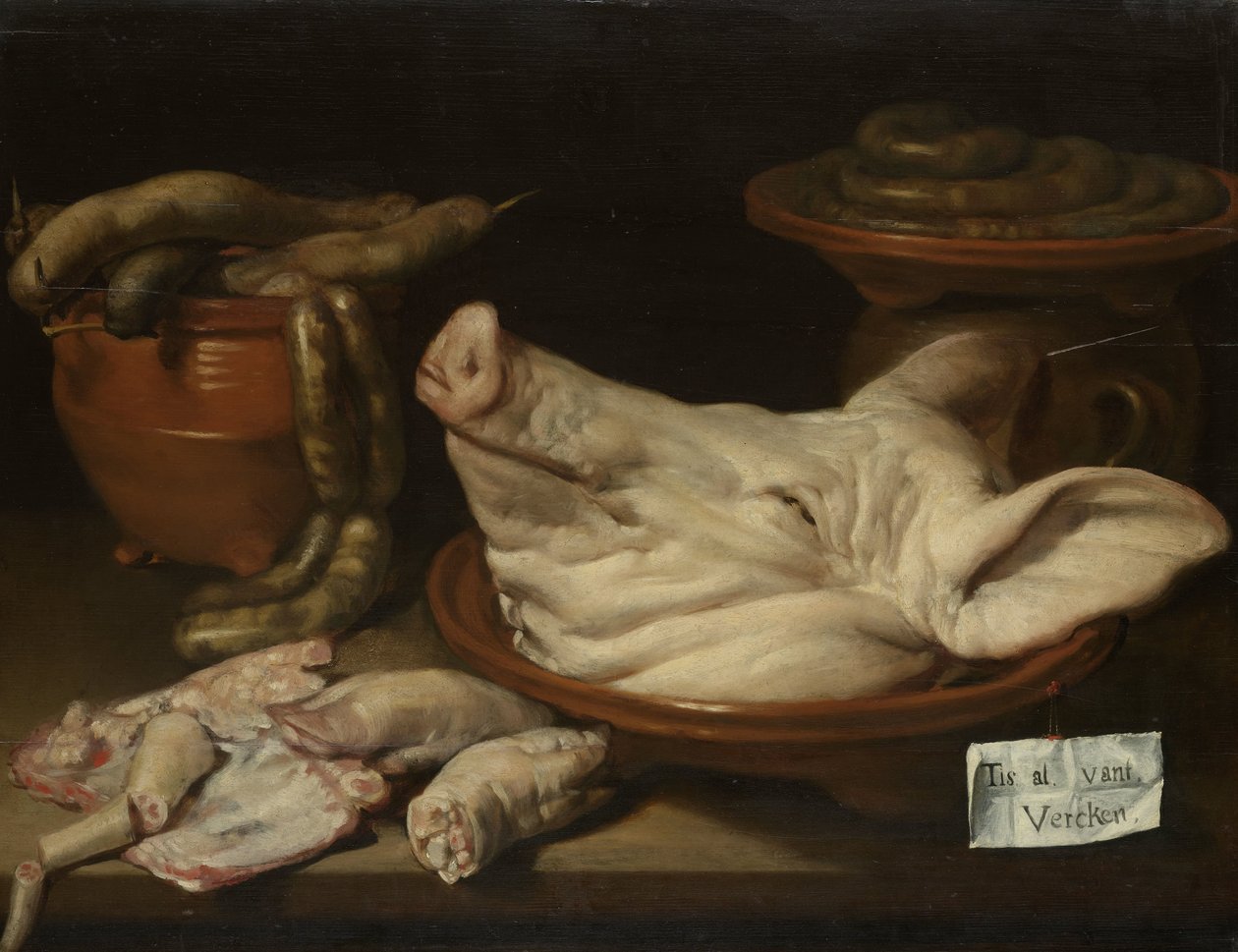 Stillleben mit Schweinskopf, Schweinsfüßen und Wurst von Monogrammist JVR