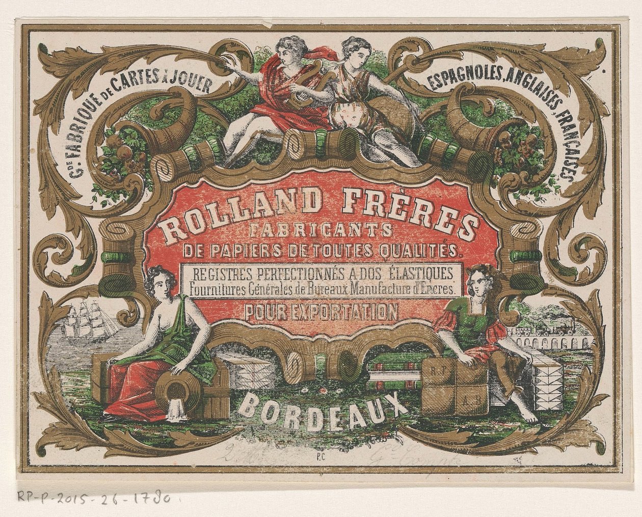 Visitenkarte von Rolland Frères, Papierfabrikant in Bordeaux von Monogrammist PC (lithograaf)